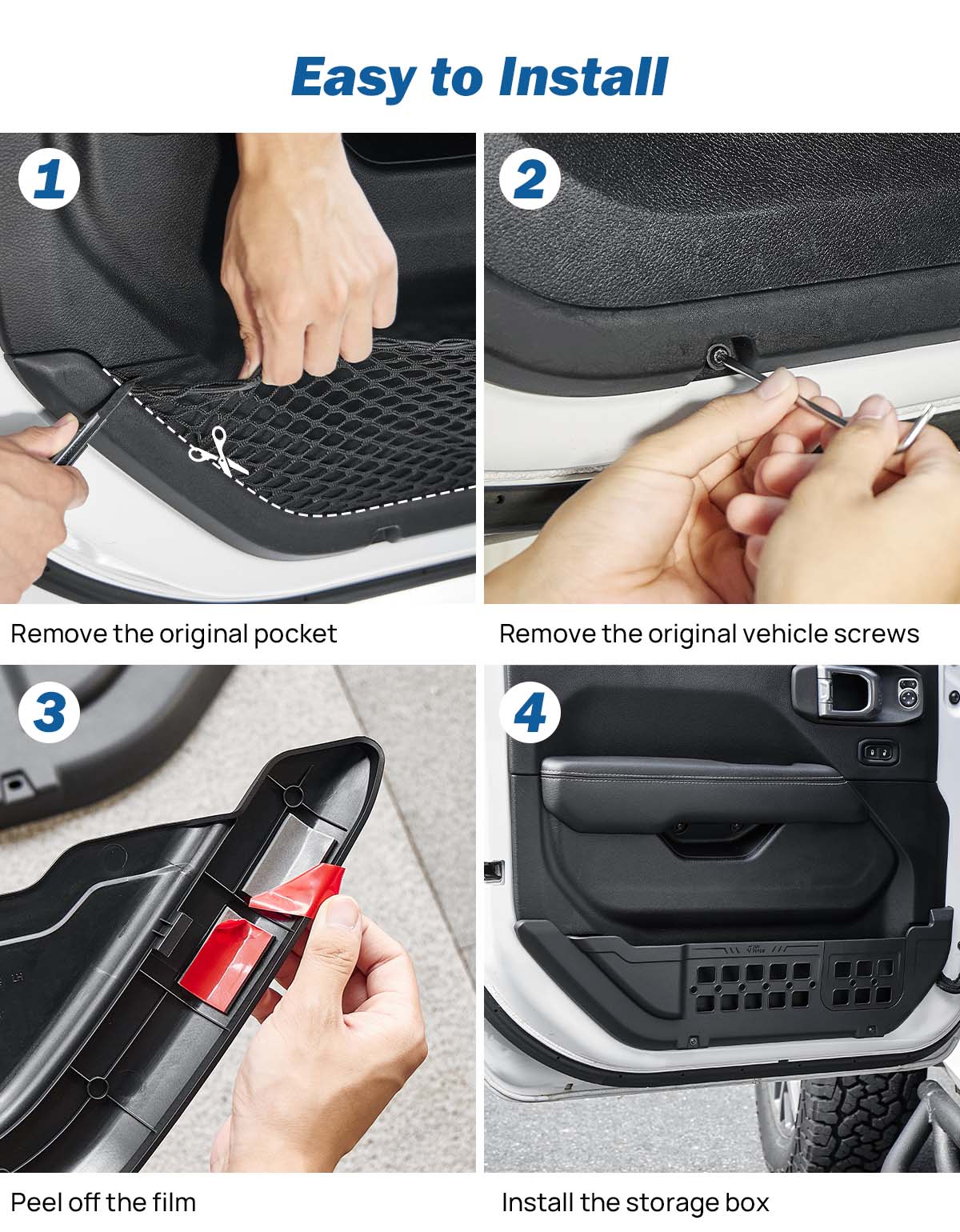 No-drill installation of Jeep Wrangler JL front door storage pockets