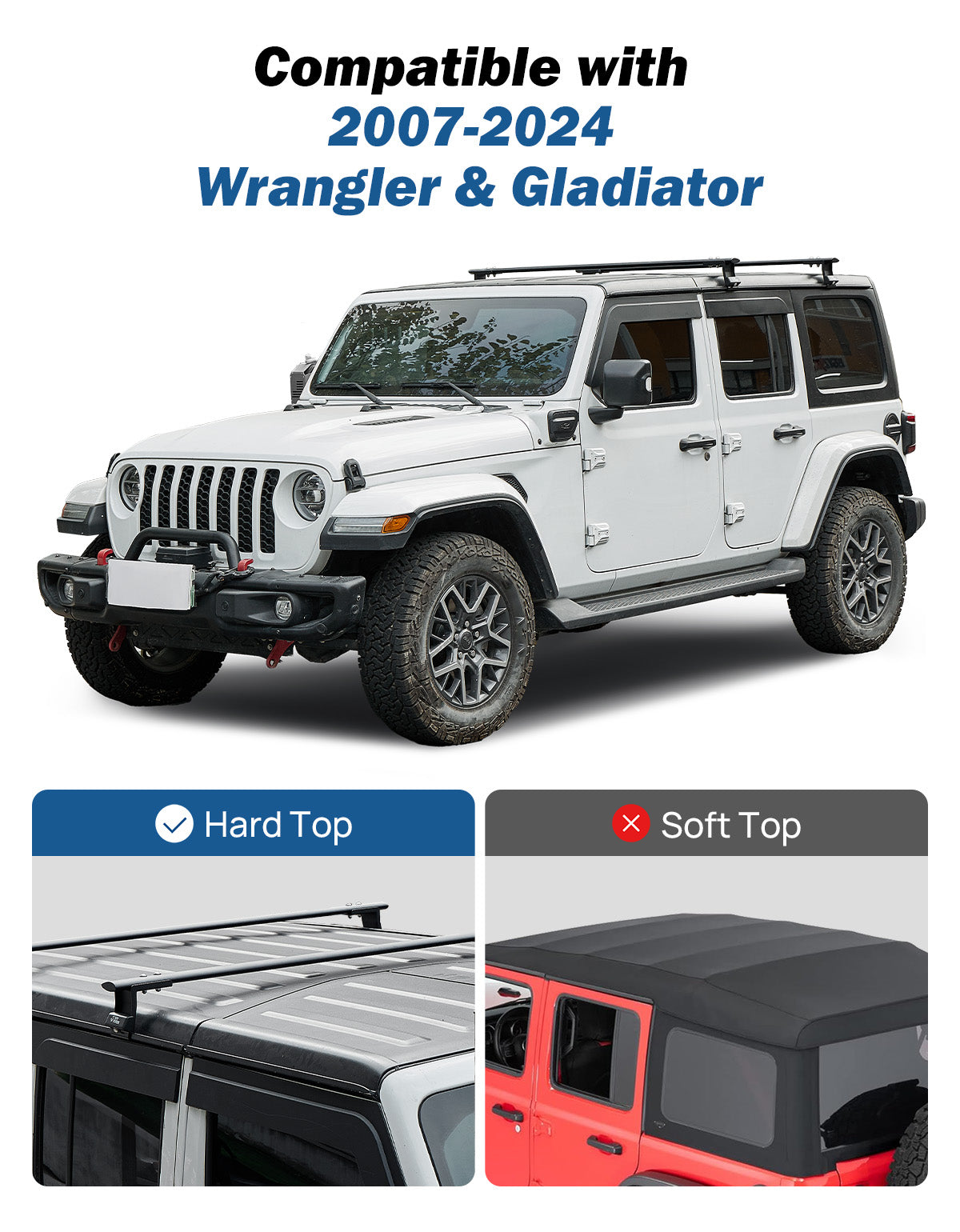 Roof Rack Cross Bars for Jeep Wrangler JK JL & Gladiator JT Hard Top