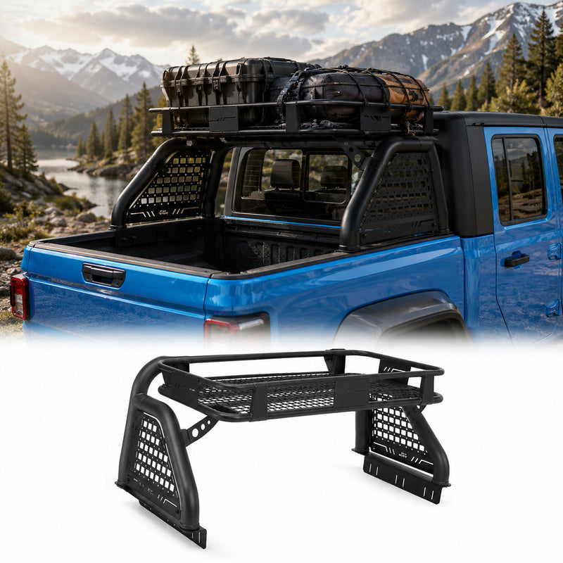 Truck Roll Bar with Cargo Basket for Gladiator JT & Tacoma – Heavy-Duty Mid-Size Truck Chase Rack