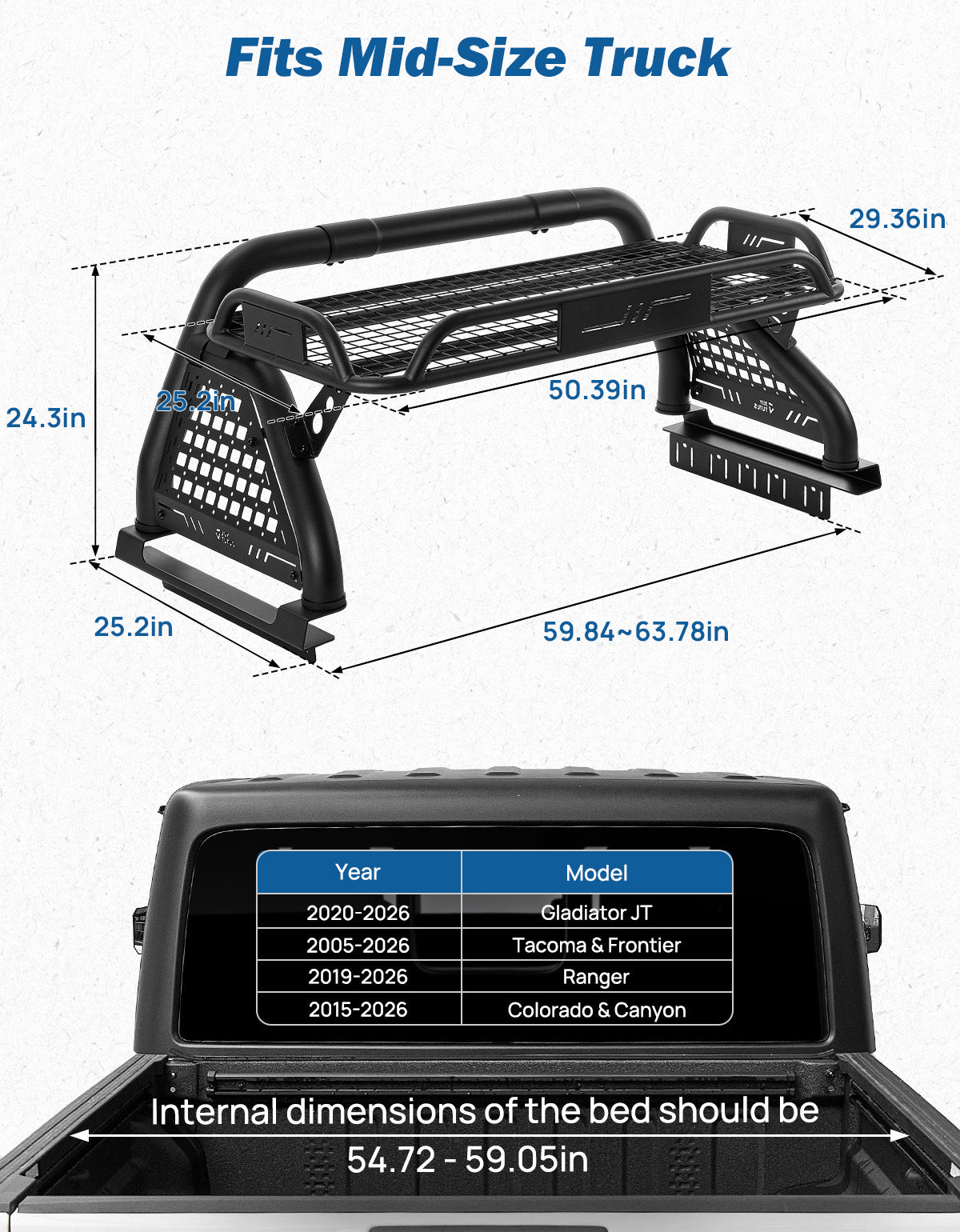 Mid-Size Truck Roll Bar with Cargo Basket – 660LB Capacity