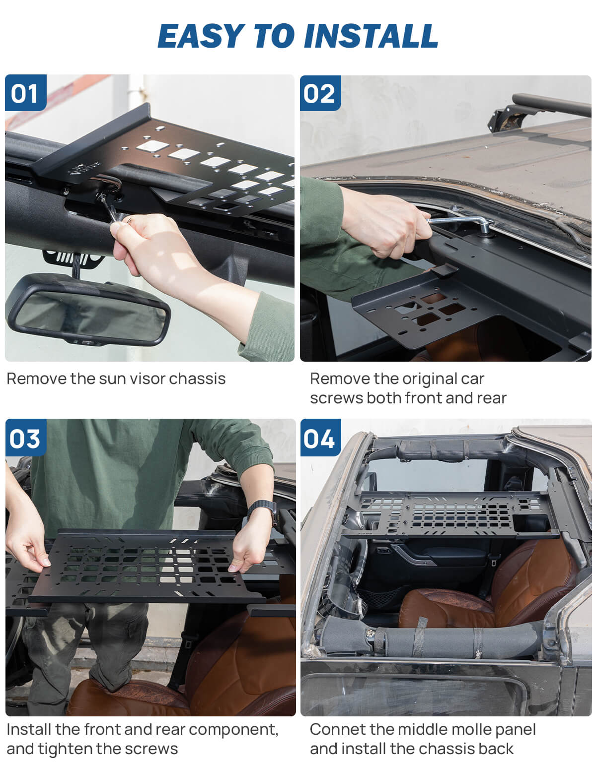 Overhead Molle Panel for Wrangler JK 2007–2018 Hard Top, No-Drill Rack