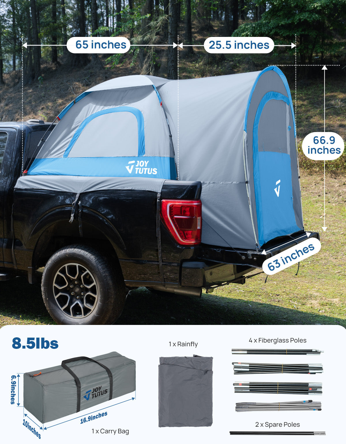 Truck Bed Tent with Rainfly, PU2000 Waterproof Double Layer, 2-Person – Gray Blue