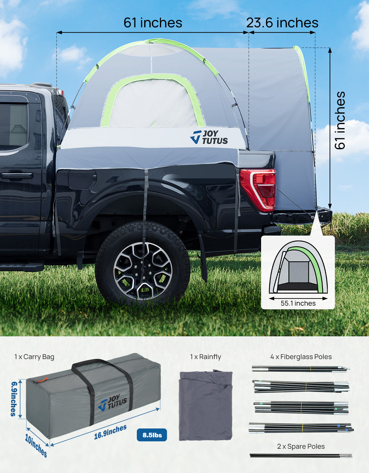 Pickup Truck Bed Tent with Rainfly, Waterproof Double Layer, Fits 5.0–6.7 ft Beds, 2-Person