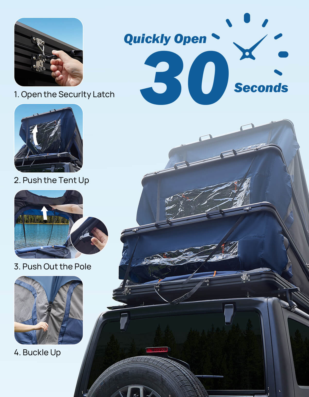 Hard Shell Aluminum Rooftop Tent for 2–3 People with LED & Skyview