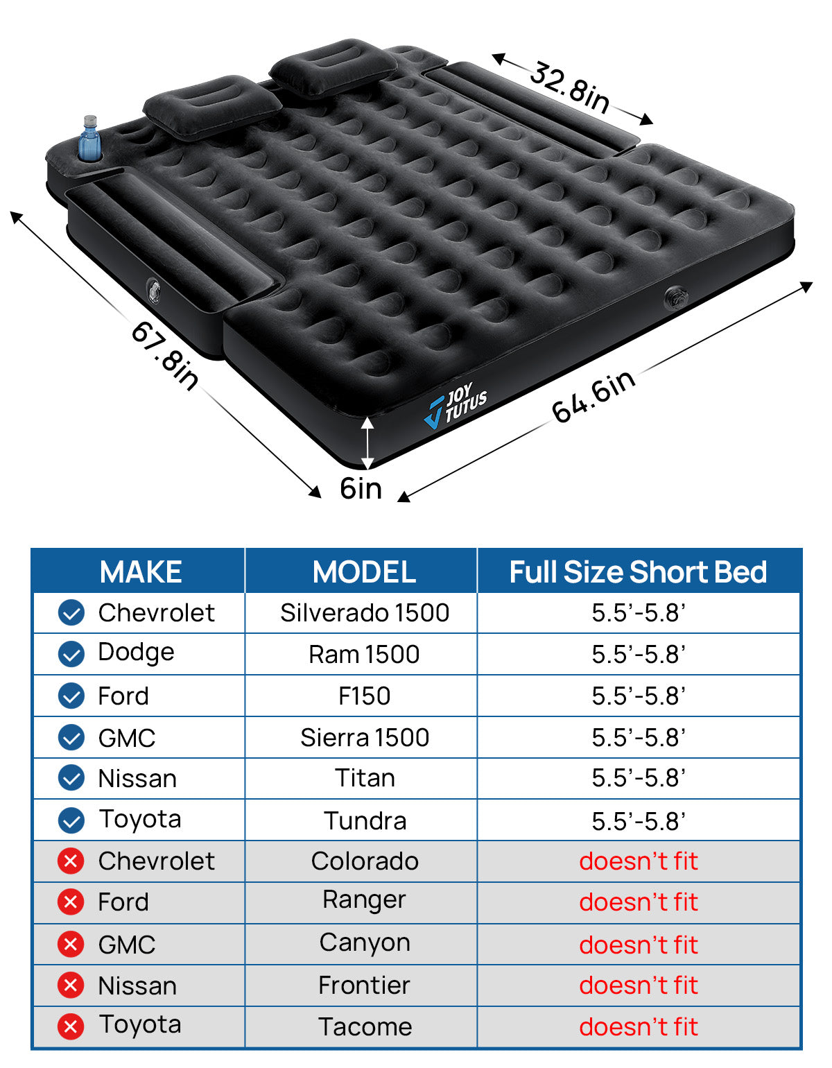 5.5–6.7ft Truck Bed Air Mattress, Inflatable Camping Mattress, Black