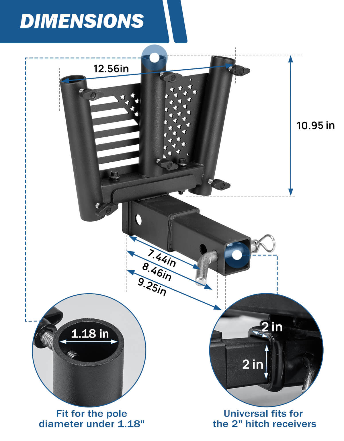 Hitch Mount Flag Pole Holder for Standard 2 Inch Receivers - Heavy Duty 3-Hole
