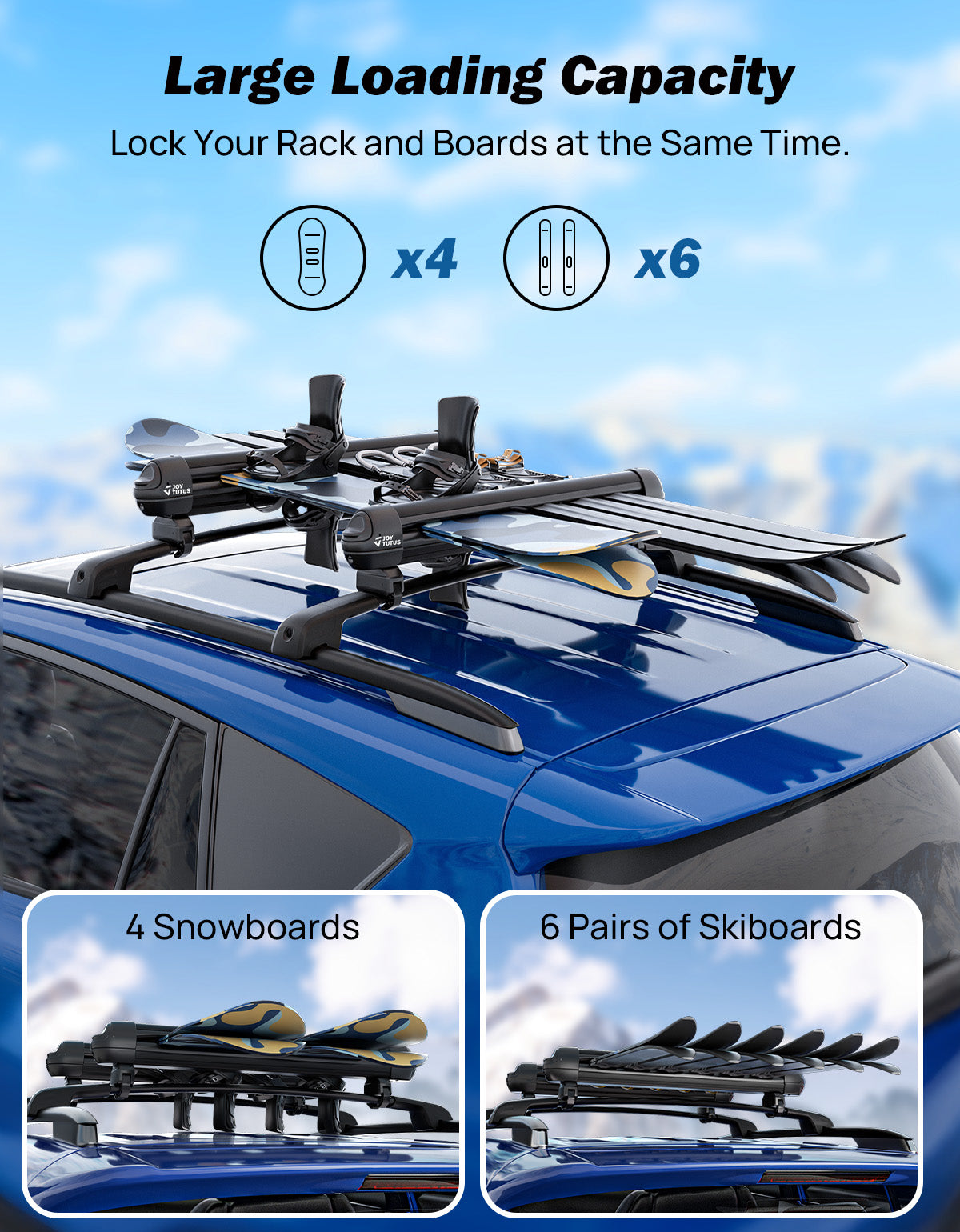 Ski & Snowboard Roof Rack with Sliding Extension, Lockable Carrier for 6 Pairs of Skis / 4 Snowboards