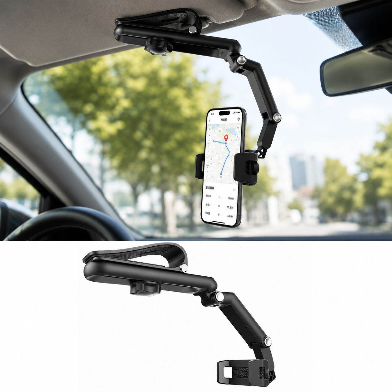 360° Rotating Car Phone Holder for Sun Visor & Rearview Mirror