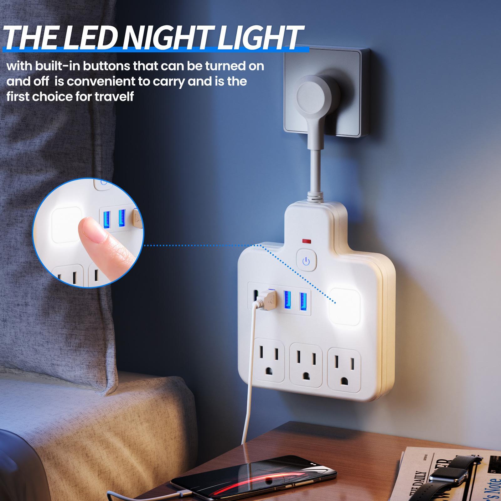 Joytutus US Plug Power Strip with 3 USB Ports & 1 Type-C Charging Port LED Night Light Surge Protector Wall Mountable for Home Car Travel