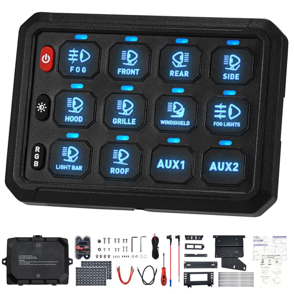 RGB 12 Gang Switch Panel with 2018-2023 Wrangler JL Mounting Brackets for Control Box, Universal Momentary Circuit Control Relay System Box Offroad Light Switch Panel for Car Truck Boat UTV