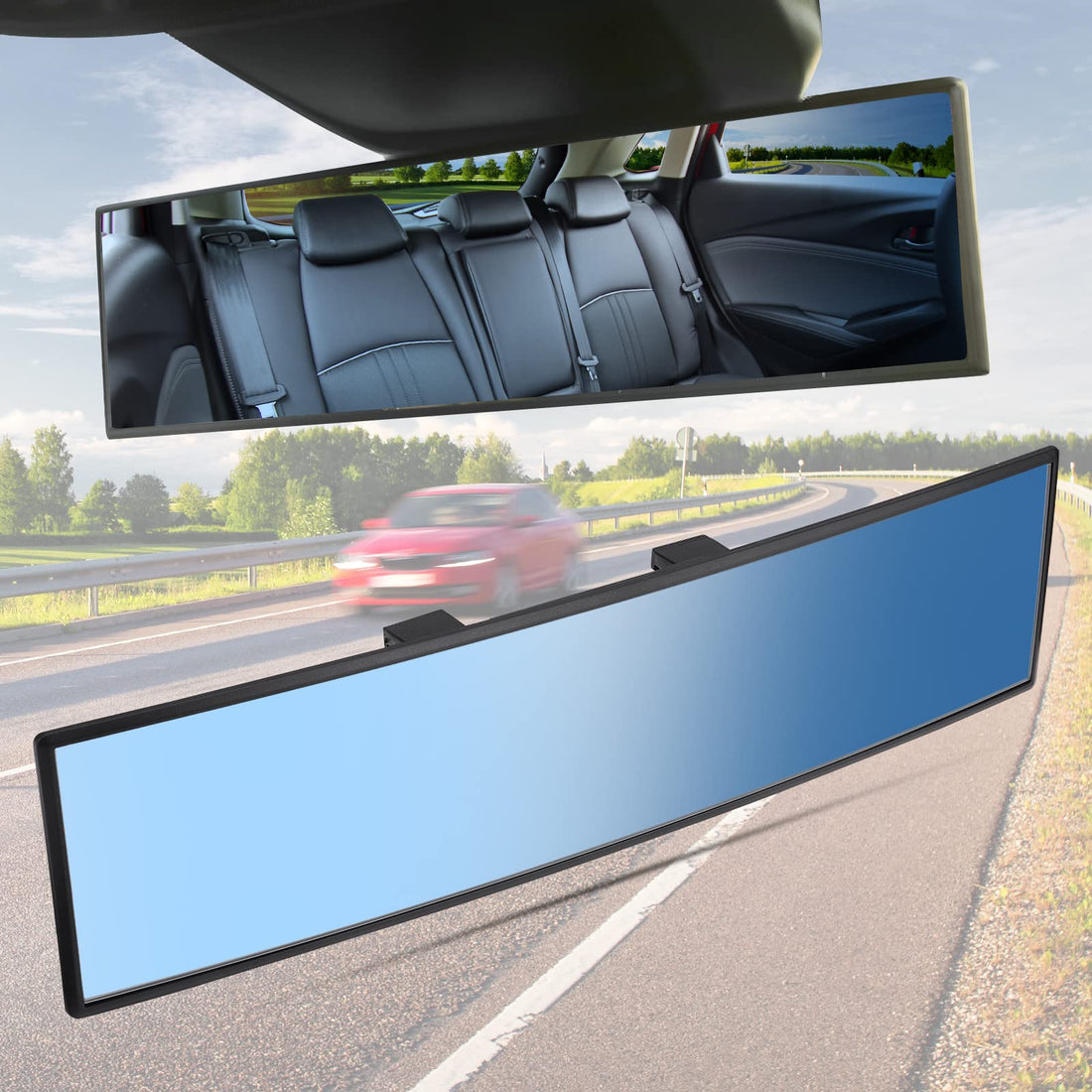 Rear View Mirror, Universal 11.81 Inch Panoramic Convex Interior Clip-on Wide Angle Mirror-Blue