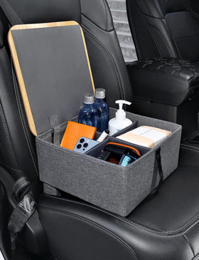 Car Seat Organizer, with Detachable Bamboo Cover, 4 Adjustable Dividers and Fastening Belt