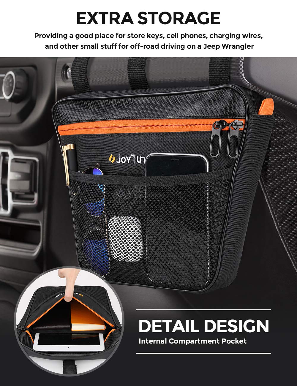 JOYTUTUS Passenger Grab Handle Storage Bag, Fit for Wrangler CJ YJ TJ JK JL 1965-2023 & JT Gladiator 2020-2023 UTV