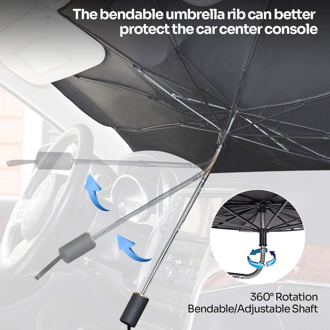 Windshield Sun Shade Umbrella Compatible with F150, for Full-Size Pickup Truck, 360° Rotation Bendable Shaft Foldable(61''x 30'')