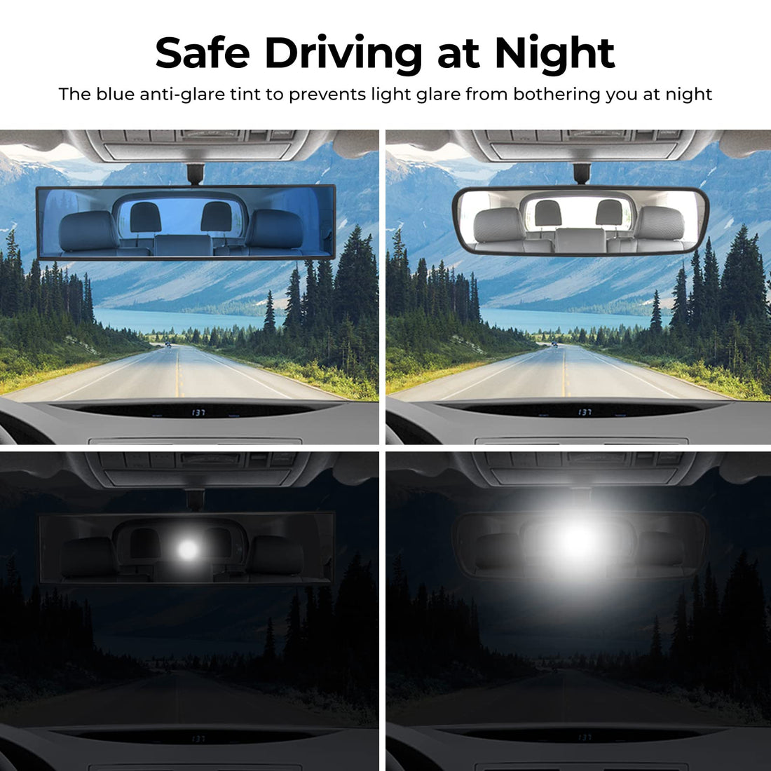 Rear View Mirror, Universal 11.81 Inch Panoramic Convex Interior Clip-on Wide Angle Mirror-Blue