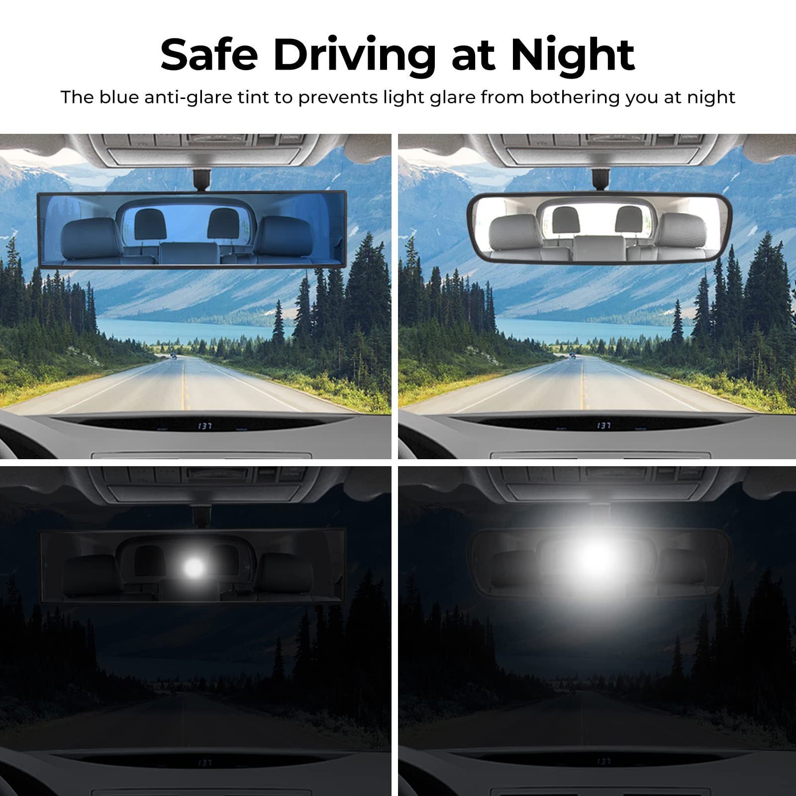 Rear View Mirror, Universal 11.81 Inch Panoramic Convex Interior Clip-on Wide Angle Mirror-Blue