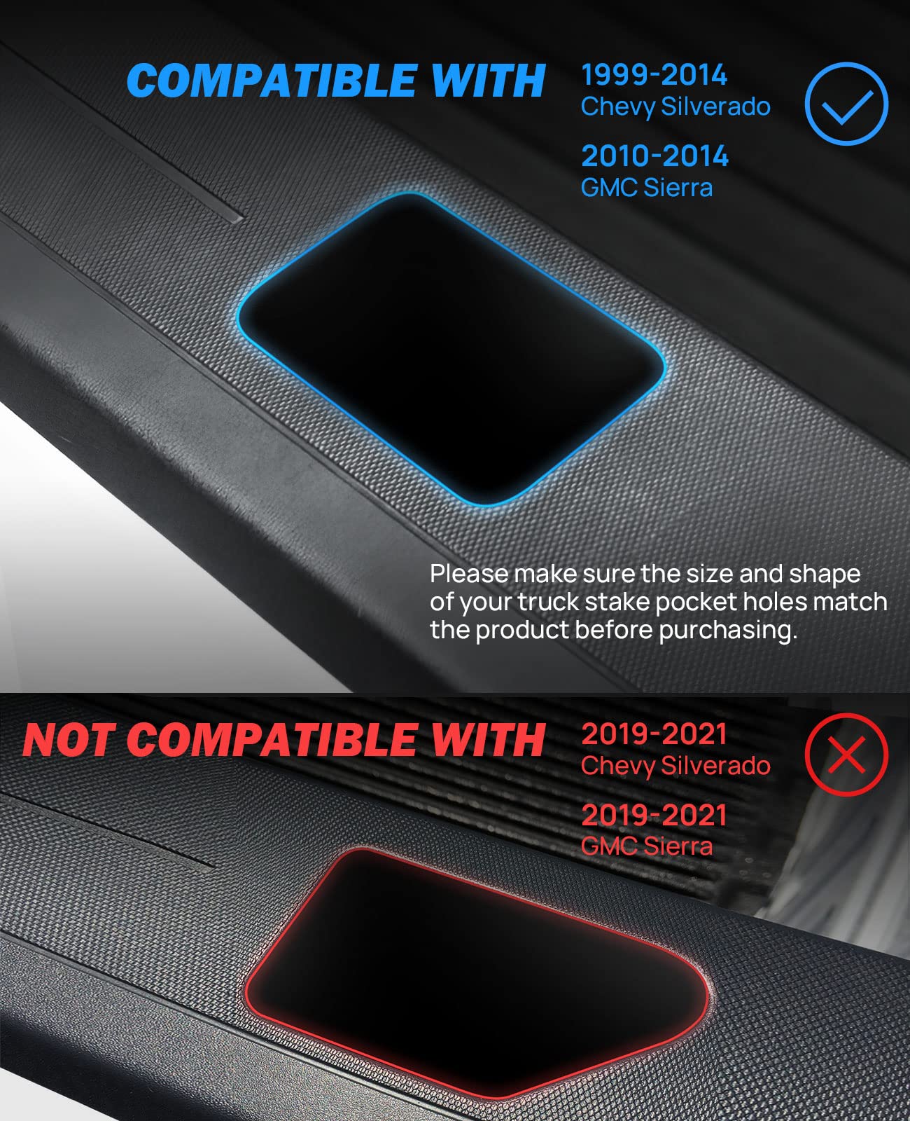 Stake Pocket Cover Trucks Bed Rail Stake Covers Fit for 1999-2014 Chevy Silverado and 2010-2014 GMC Sierra - 4 Pack