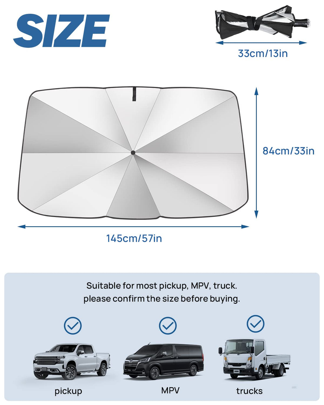 Windshield Sun Shade Umbrella, 360° Rotation Bendable Shaft Foldable, for Truck 57''x 33''