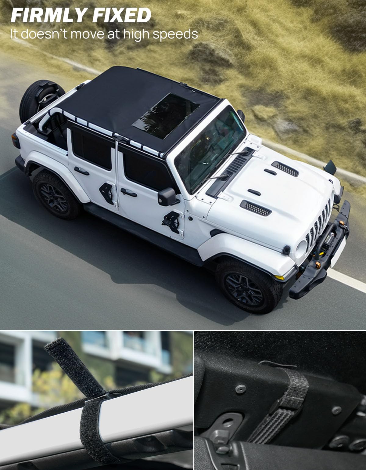 JOYTUTUS Sun Shade Top Fit for Wrangler JLU 4 Door 2018-2024, Waterproof Canvas Roof Top Cover