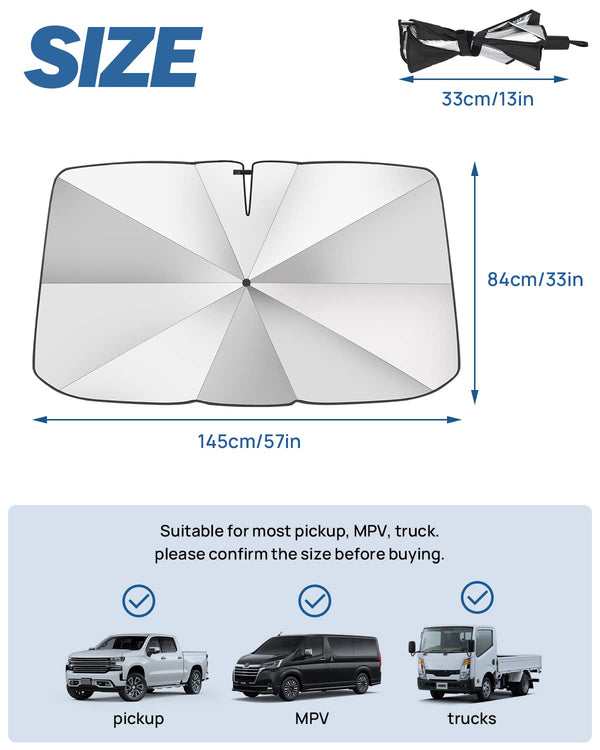 Windshield Sun Shade Umbrella, 360° Rotation Bendable Shaft Foldable, for Truck 57''x 33''
