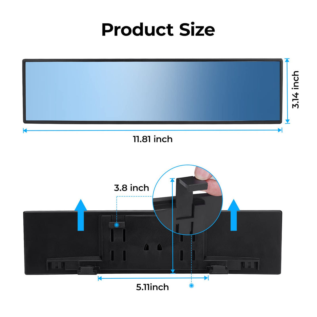 Rear View Mirror, Universal 11.81 Inch Panoramic Convex Interior Clip-on Wide Angle Mirror-Blue