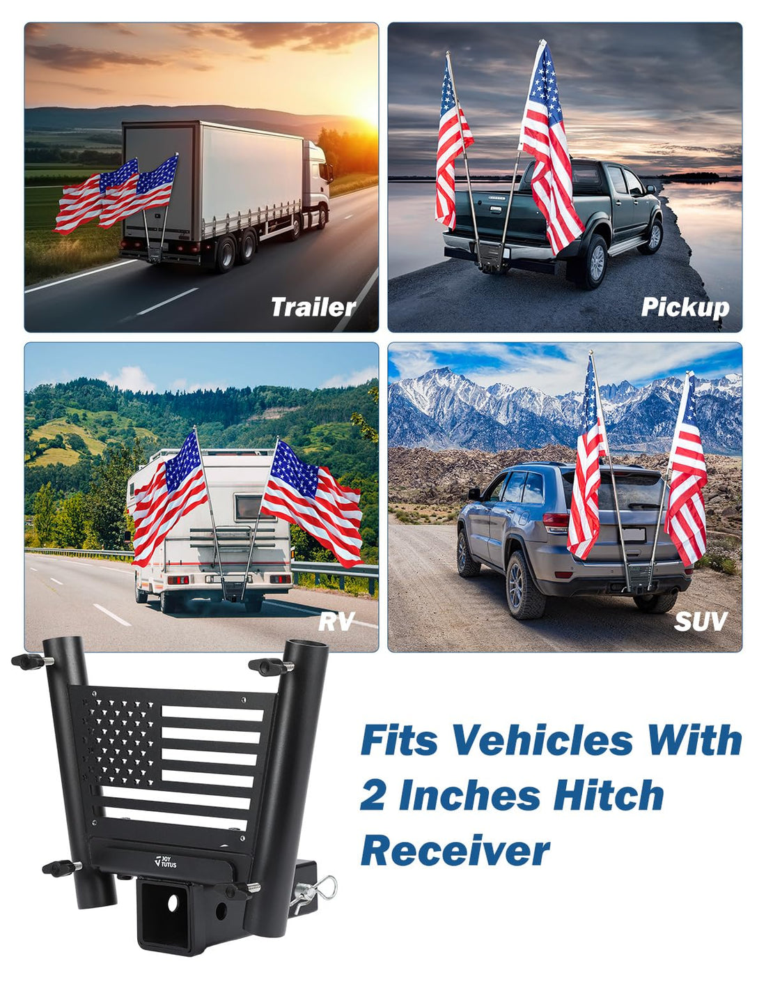 JOYTUTUS Hitch Mount Flag Pole Holder for Standard 2 Inch Receivers, Fits Truck RV SUV Pickup Camper Trailer