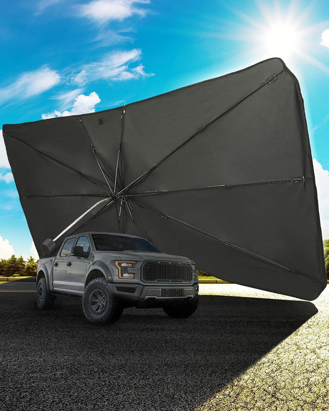 Windshield Sun Shade Umbrella Compatible with F150, for Full-Size Pickup Truck, 360° Rotation Bendable Shaft Foldable(61''x 30'')