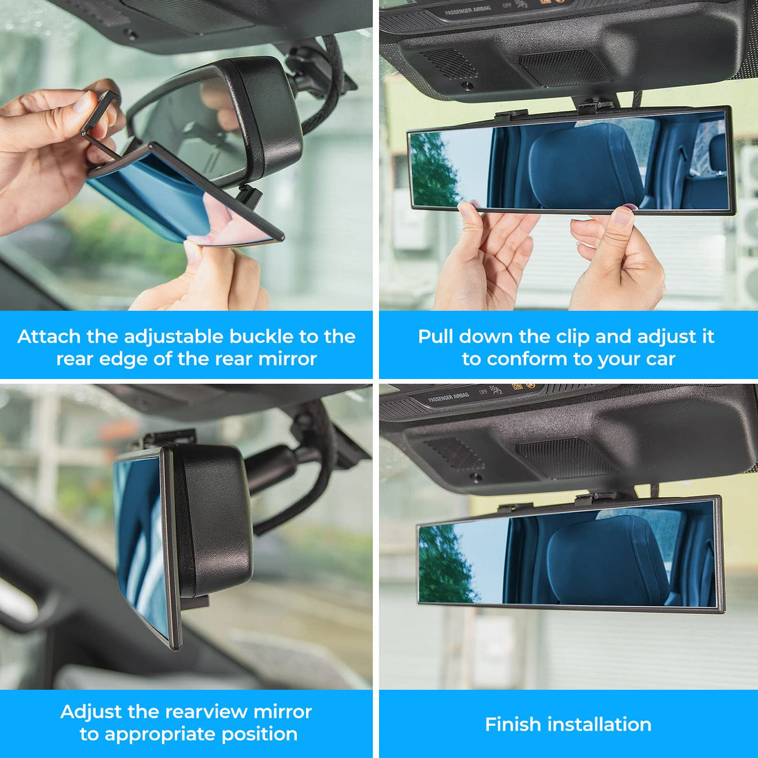 Rear View Mirror, Universal 11.81 Inch Panoramic Convex Interior Clip-on Wide Angle Mirror-Blue