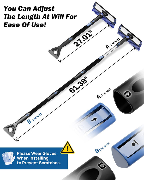 61.3″ Extendable Snow Brush and Ice Scraper, 270° Pivoting Snow Scrape