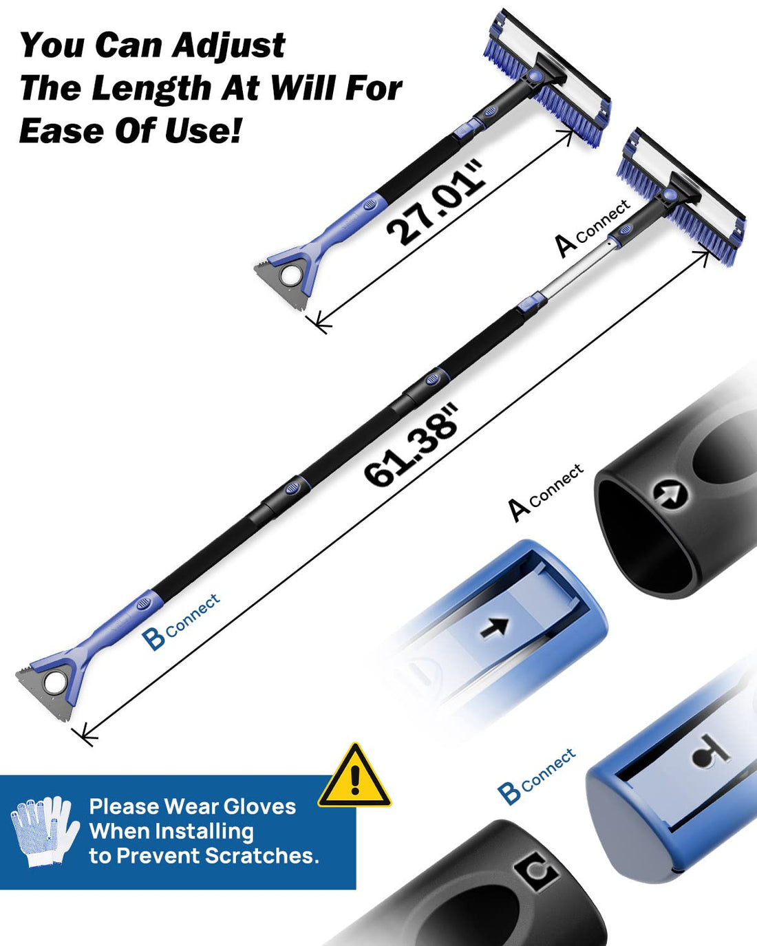 61.3″ Extendable Snow Brush and Ice Scraper, 270° Pivoting Snow Scraper Brush for Car Windshield