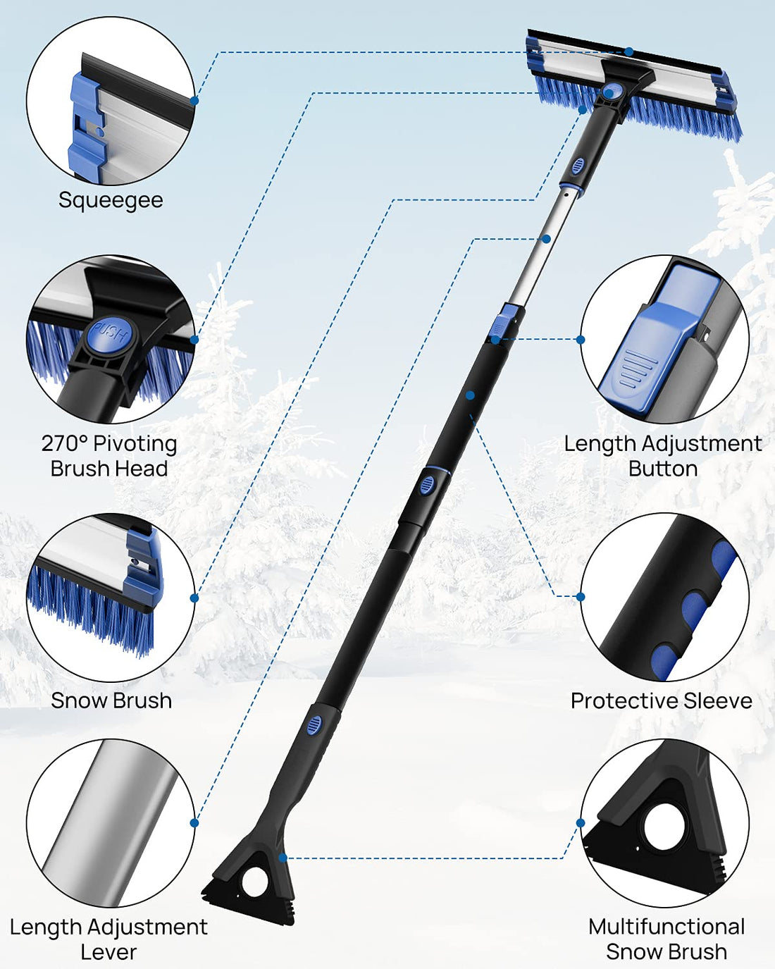 47.7″ Extendable Snow Brush and Ice Scraper, 270° Pivoting Snow Scraper Brush for Car Windshield
