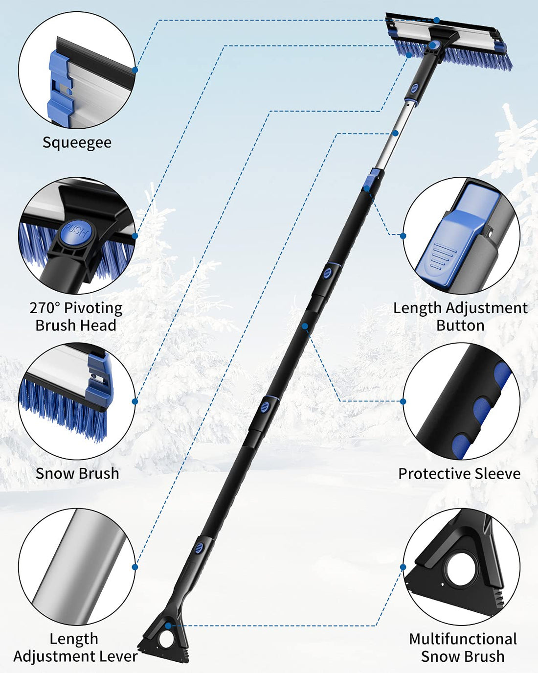 61.3″ Extendable Snow Brush and Ice Scraper, 270° Pivoting Snow Scraper Brush for Car Windshield