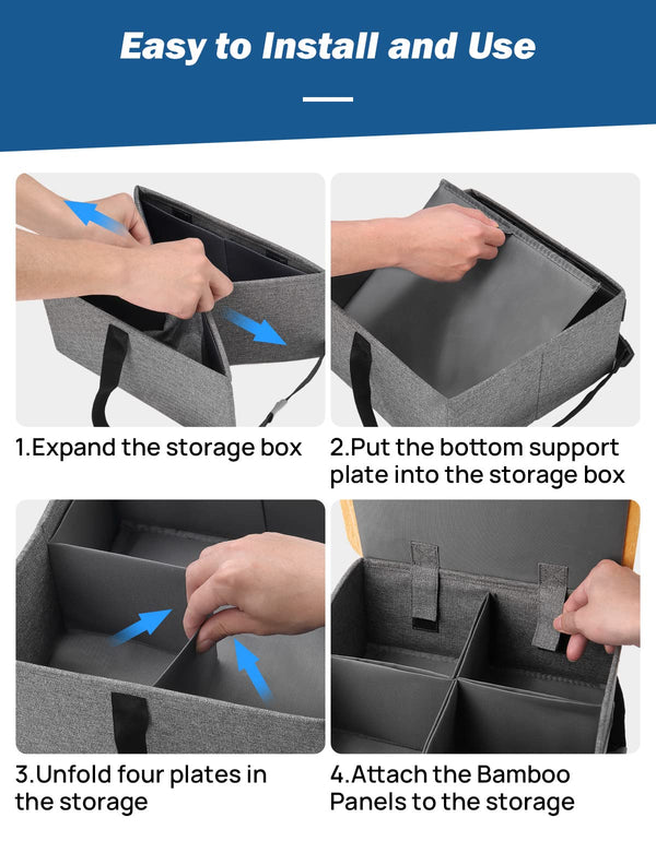 Car Seat Organizer, with Detachable Bamboo Cover, 4 Adjustable Dividers and Fastening Belt
