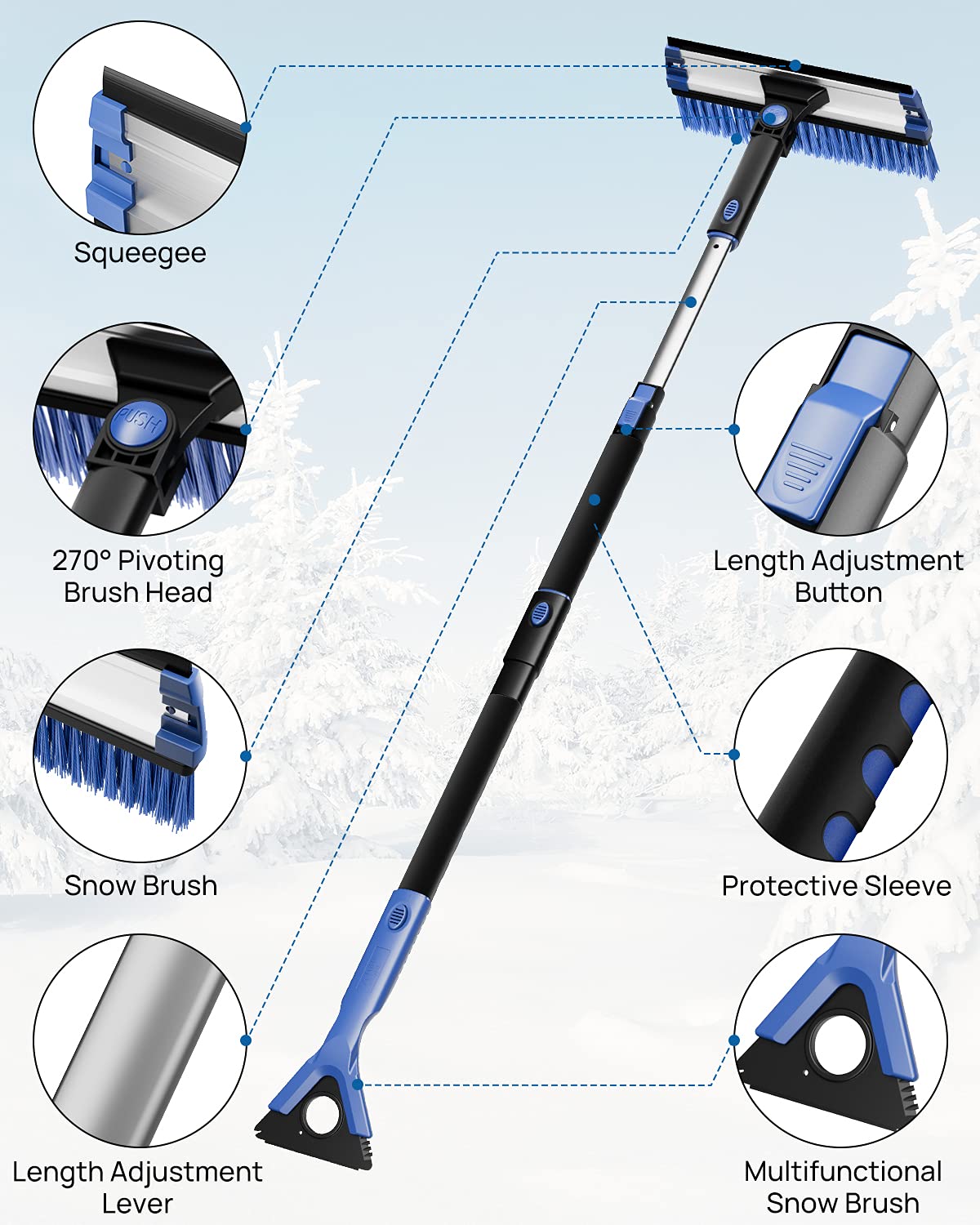 47.7″ Extendable Snow Brush and Ice Scraper, 270° Pivoting Snow Scraper Brush for Car Windshield