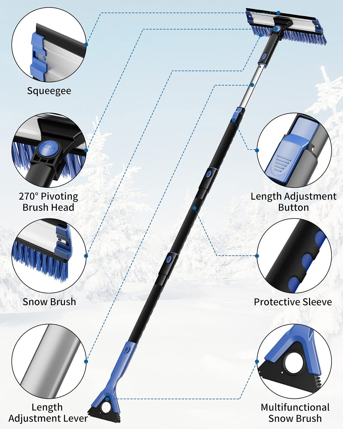 61.3″ Extendable Snow Brush and Ice Scraper, 270° Pivoting Snow Scraper Brush for Car Windshield