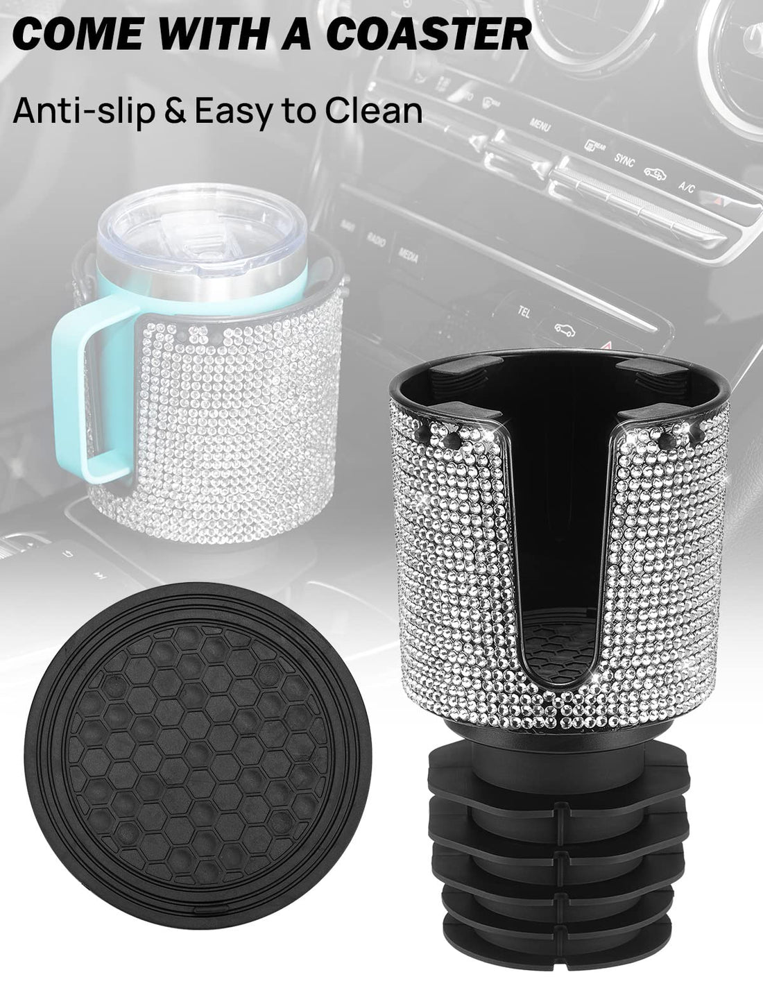 Car Cup Holder Expander for Car Hold 18-40 oz Bottles and Mugs, Other Bottles in 3.4"-3.8"(Bling)
