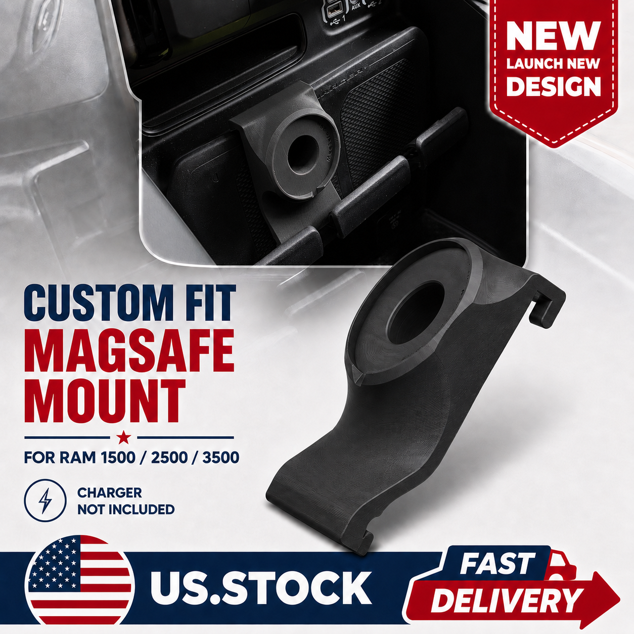 3D Printed 15W MagSafe Charger Mount Adapter for Ram 1500 2500 3500 (2019–2025)