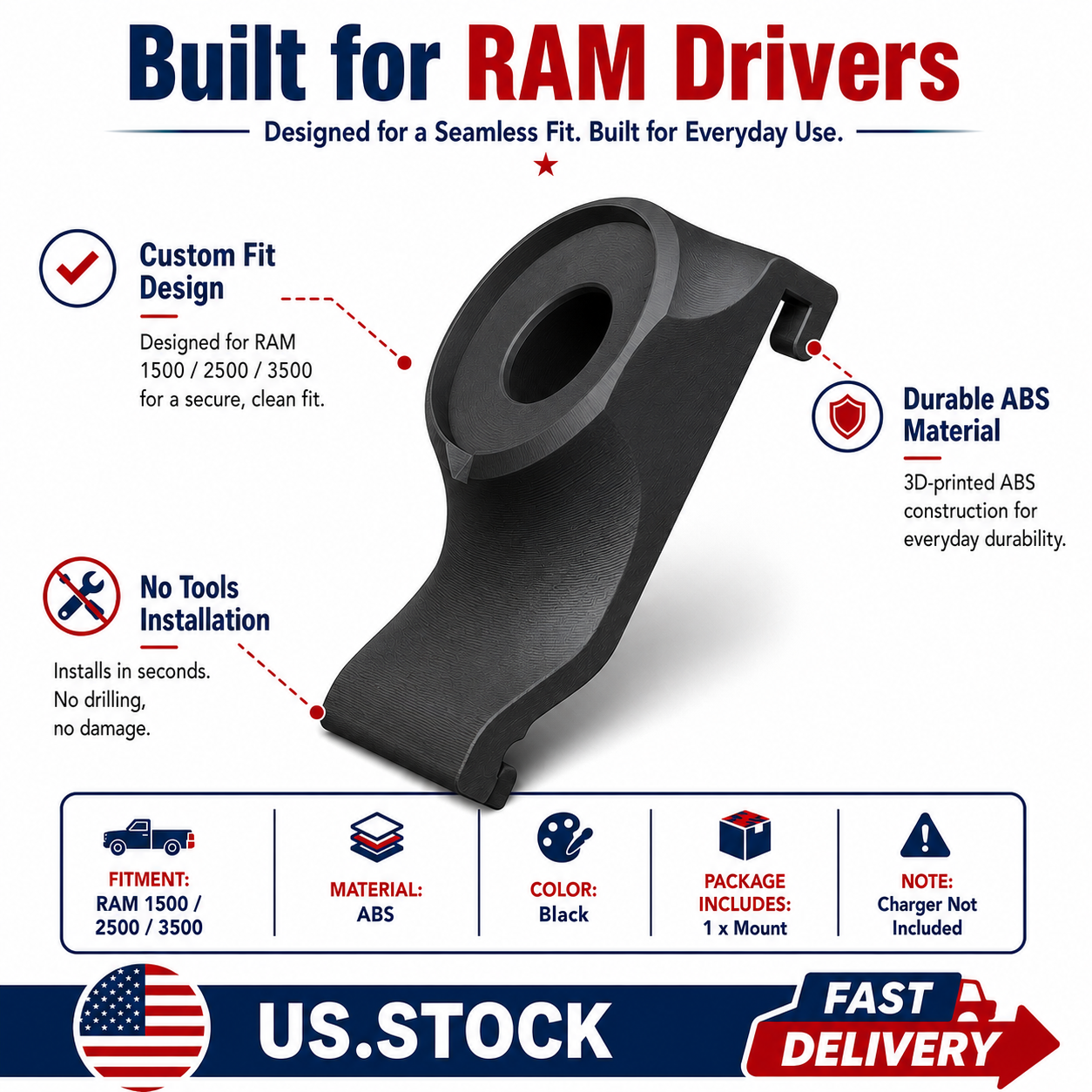 3D Printed 15W MagSafe Charger Mount Adapter for Ram 1500 2500 3500 (2019–2025)
