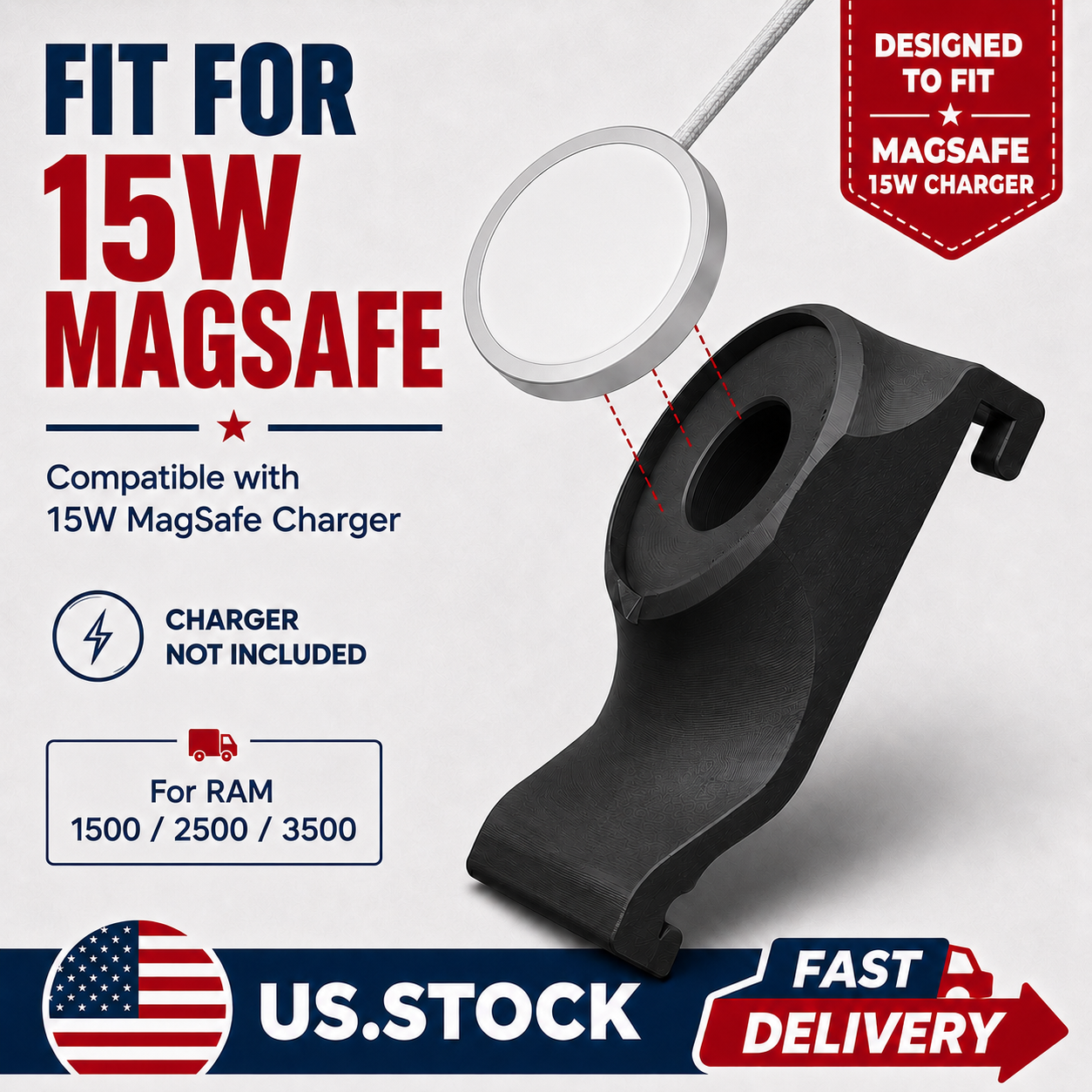 3D Printed 15W MagSafe Charger Mount Adapter for Ram 1500 2500 3500 (2019–2025)